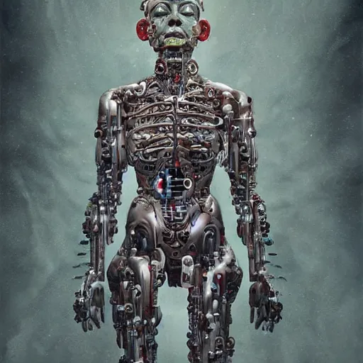 Image similar to the blasphemous caricature of the human body, cyborg, hyperealistic detailed photography, divinity, awful, religious art, cyberpunk