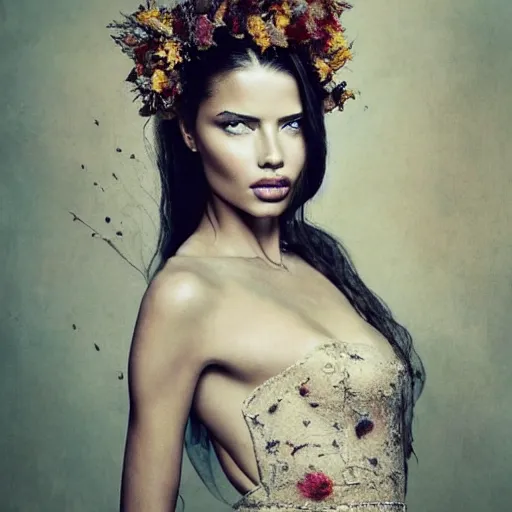 Image similar to fine art photo of the beauty goddess adriana lima, she has a crown of dried flowers, by oleg oprisco