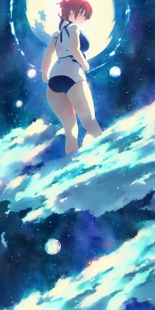 Image similar to oriental water color of a cute thicc astronaut woman, floating through space, backlit, by makoto shinkai and krenz cushart