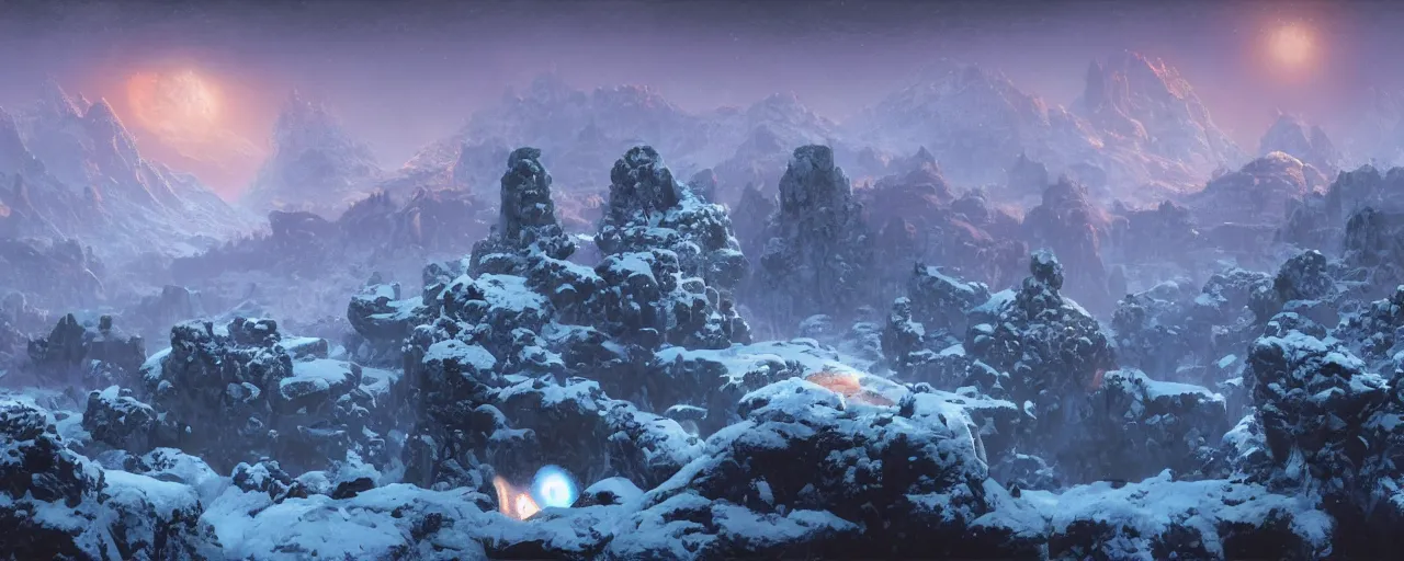 Prompt: ” outer planet with snow topped rock archs mountains, [ art by paul lehr, cinematic, detailed, epic, widescreen, opening, establishing, mattepainting, photorealistic, realistic textures, octane render ] ”