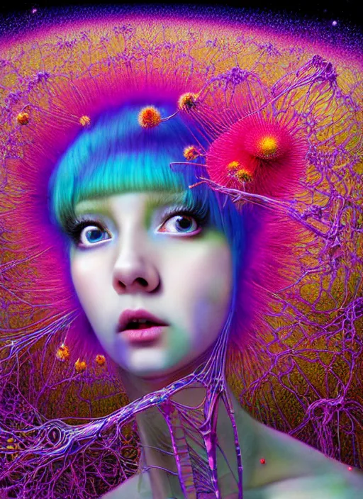 Image similar to hyper detailed 3d render like a Oil painting - kawaii portrait Aurora (white haired Singer Mantis) seen Eating of the Strangling network of yellowcake aerochrome and milky Fruit and Her delicate Hands hold of gossamer polyp blossoms bring iridescent fungal flowers whose spores black the foolish stars by Jacek Yerka, Mariusz Lewandowski, Houdini algorithmic generative render, Abstract brush strokes, Masterpiece, Edward Hopper and James Gilleard, Zdzislaw Beksinski, Mark Ryden, Wolfgang Lettl, hints of Yayoi Kasuma, octane render, 8k