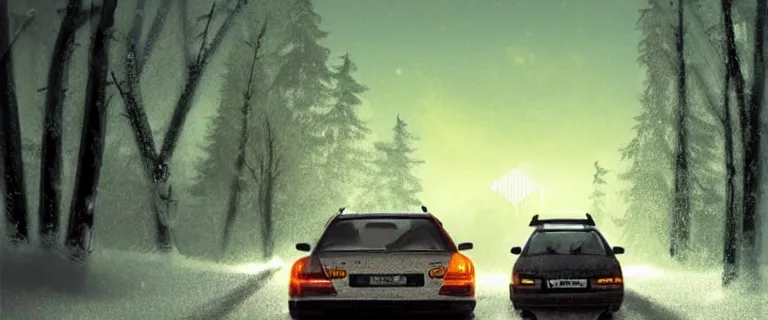 Image similar to Audi A4 B6 Avant (2002), a gritty neo-noir, Robot horror, dramatic bright lighting, cinematic, establishing shot, extremely high detail, photorealistic, cinematic lighting, artstation, by simon stalenhag, Snowy italian road, Snowy Apennines, At night, Poets of the Fall - Late Goodbye