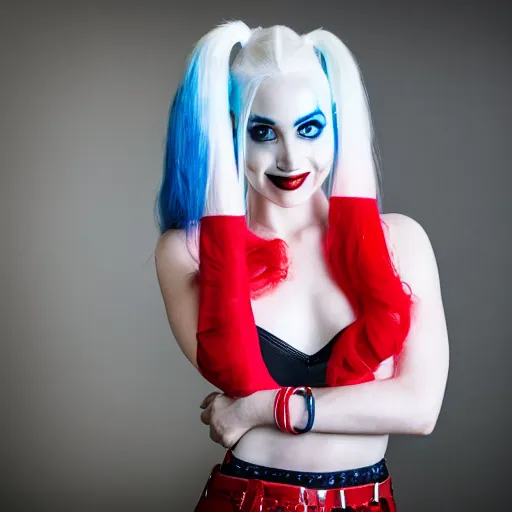 Image similar to portrait photo still of real life harley quinn, 8 k, 8 5 mm f 1. 8