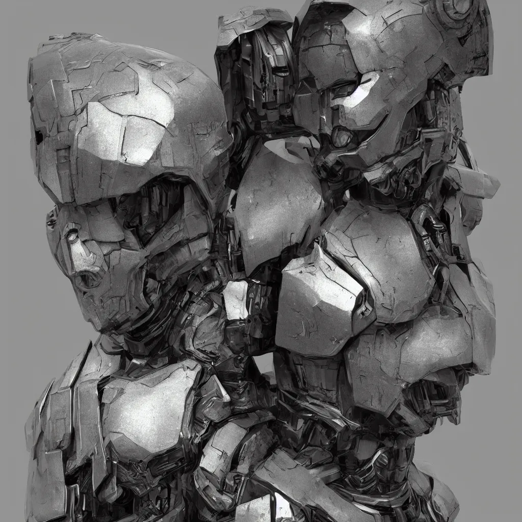 Image similar to one dark robot soldier character 3 d face model sci fi art, moebius, blade runner, photorealistic render