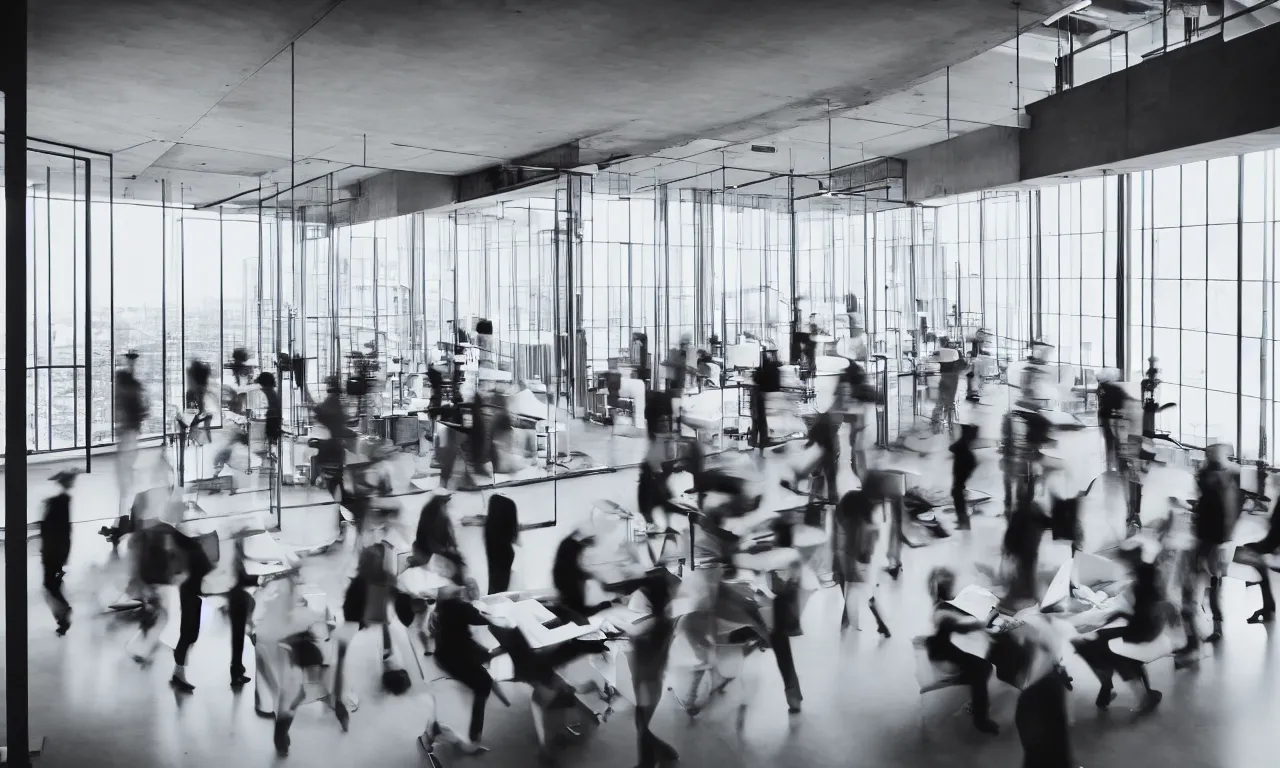 Prompt: inside of big modern designer's office, full of busy office people in motion, motion blur, long exposure, architecture, window, concrete, steel, glass, ground level camera view, 35 mm