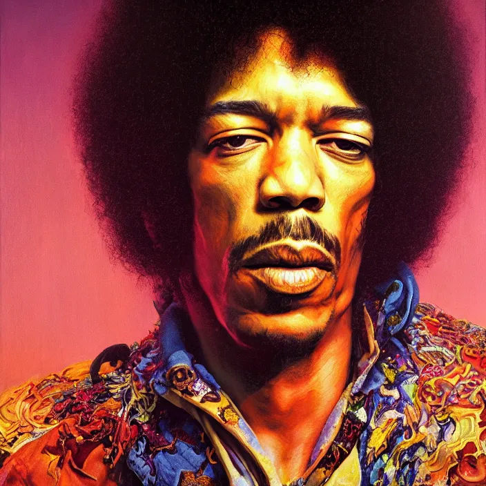 Prompt: cinematic portrait of psychedelic jimi hendrix, oil on canvas, masterpiece, trending on artstation, featured on pixiv, cinematic composition, dramatic pose, beautiful lighting, sharp details, hyper-detailed, HD, HDR, 4K, 8K, art by Tim Hildebrandt and Wayne Barlowe and Bruce Pennington and ruan jia and larry elmore,