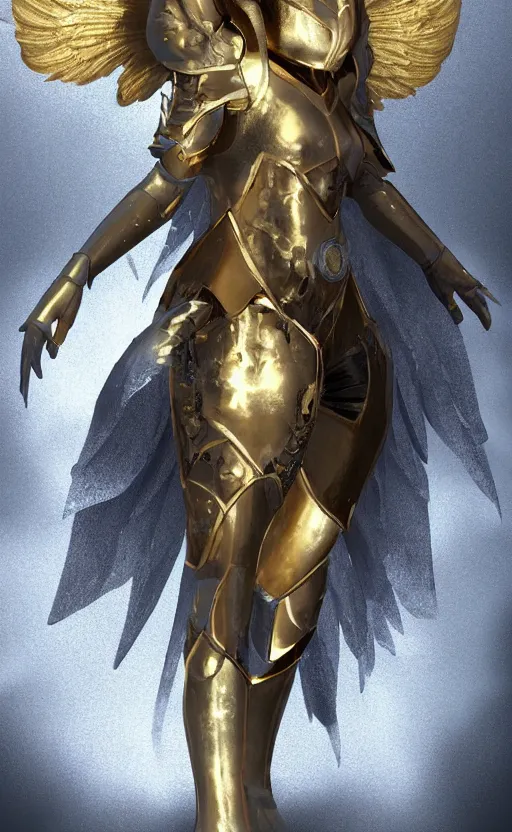 Image similar to Concept art, angel knight girl in golden and silver armor adorned with sapphire gems, artstation trending, octane render, cinematic, highly detailded