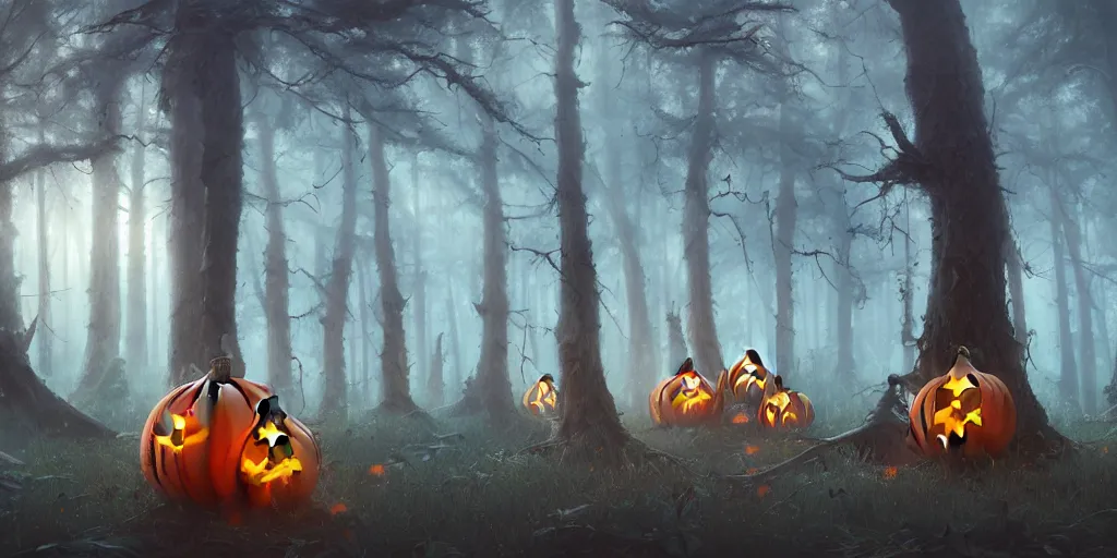 Prompt: a halloween themed forest, highly detailed oil painting, Jessica Rossier, Studio Ghibli, range murata, digital art, octane render, beautiful composition, trending on artstation, masterpiece