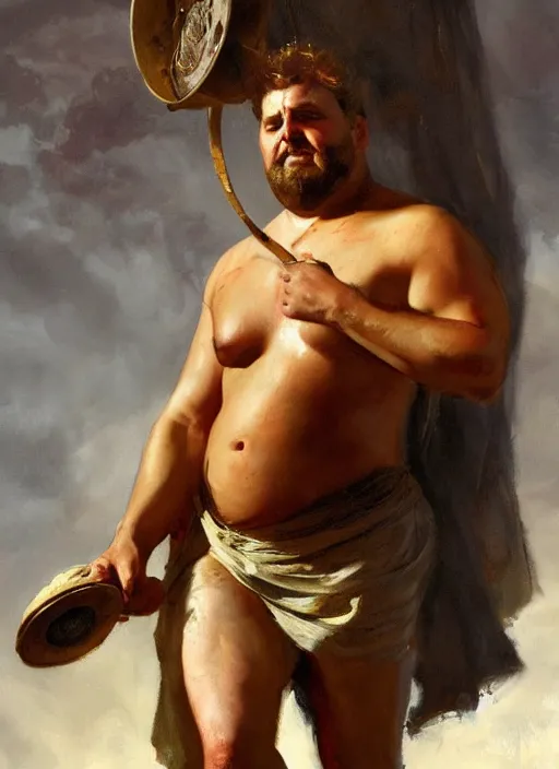 Image similar to beautiful oil painting portrait of hefty ethan van sciver as an ancient roman god holding up a steaming pie with one arm, art by anders zorn, wonderful masterpiece by greg rutkowski, expressive brush strokes, beautiful cinematic light, american romanticism by greg manchess, jessica rossier