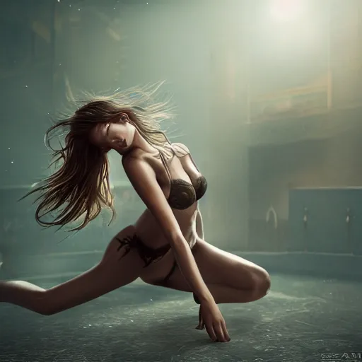 Image similar to full body pose, hyperrealistic photograph of victoria secret model scene girl, dim volumetric lighting, 8 k, octane beautifully detailed render, extremely hyper detailed, intricate, epic composition, cinematic lighting, masterpiece, trending on artstation, very very detailed, masterpiece, stunning, hdr, smooth, sharp focus, high resolution, award, winning photo, dslr, 5 0 mm