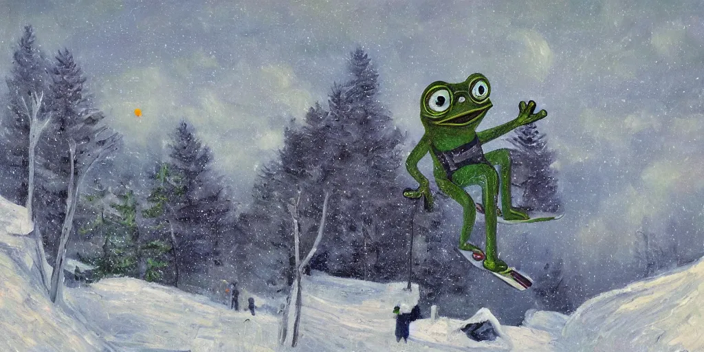 Image similar to pepe the frog snowboarding in terrain park, gloomy landscape, expressive oil painting by christopher radlund and camille pissaro