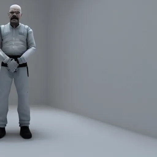 Prompt: 3 d render of scared walter white standing in a white room with no escape,