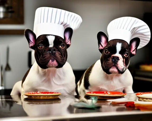 Prompt: a 8k highly detailed still photo by David Bailey of Two multi-colored French Bulldogs in chef hats and aprons starring on a cooking show, a high end kitchen in the background, bokeh