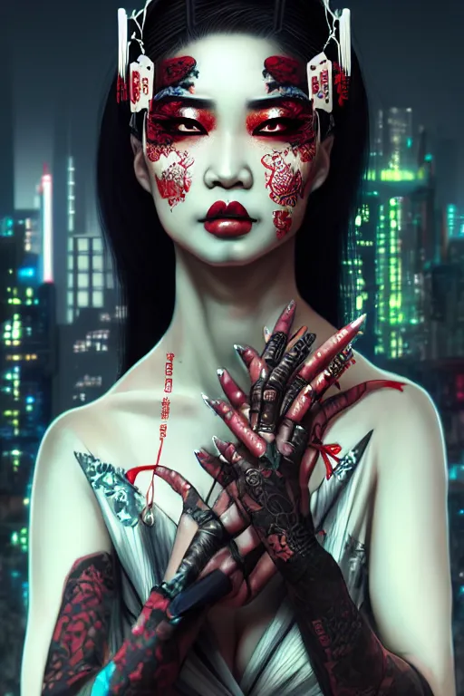 Image similar to ebony asian geisha yakuza gothic cyborg, cyberpunk city, urban decay, decay, underworld, dark art, highly detailed, digital painting, octane render, artstation, concept art, smooth, sharp focus, illustration, art by artgerm, loish, wlop