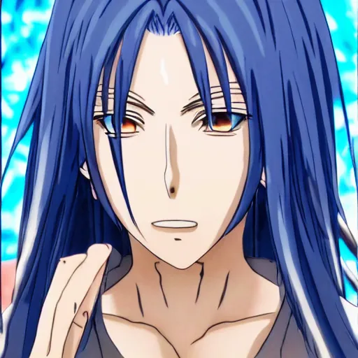 Prompt: a closeup of rimuru tempest from tensei shitara slime datta ken sitting down for a painting, somber, intimidating facial expression, ultra realistic, fully clothed, intricate details, highly detailed, 8 k, photorealistic, with pale skin and blue hair, pores visible,