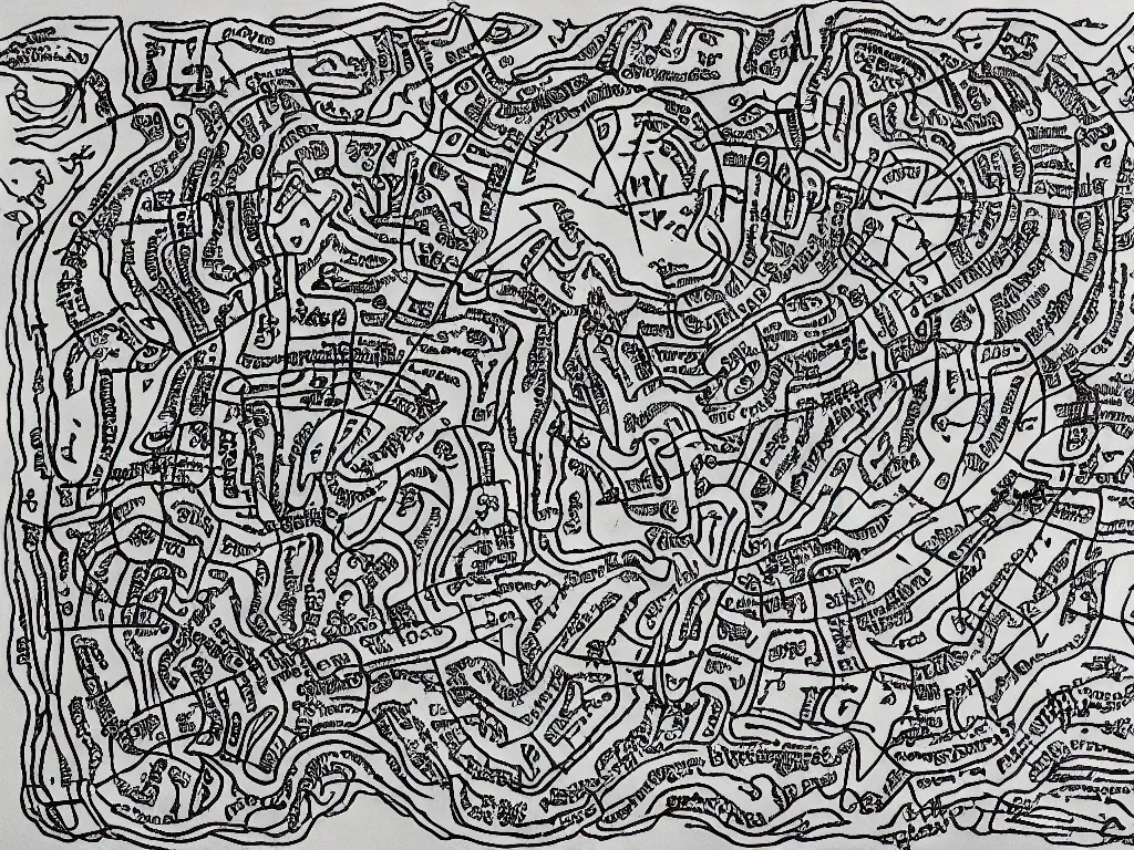 Image similar to Cave map full of old runic glyphs, Ink drawing, fine point pen, Deven Rue