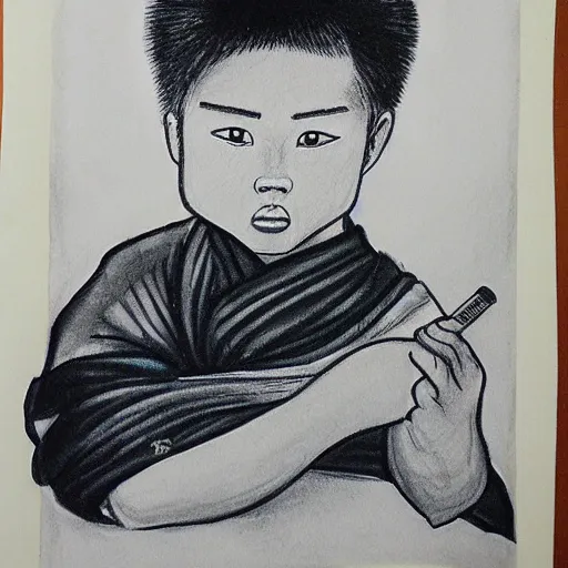 Prompt: black marker drawing of a chinese boy monk