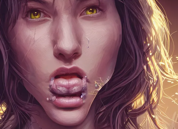 Prompt: wide open wife mouth, close - up, cry, defiant, full lips, light effect, hyper detailed, intricate, elegant, highly detailed, digital painting, artstation, concept art, matte, sharp focus, illustration, by dan mumford, yusuke murata, makoto shinkai, ross tran