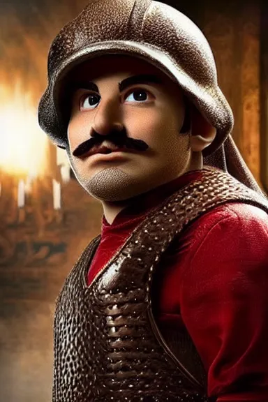 Image similar to “ very very intricate photorealistic photo of a realistic human version of super mario in an episode of game of thrones, photo is in focus with detailed atmospheric lighting, award - winning details ”