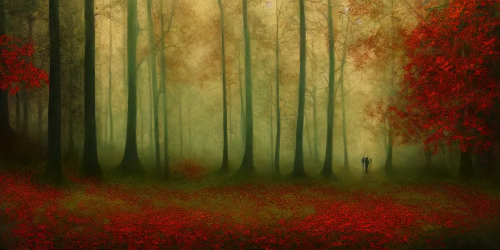 Prompt: a door in an autumn forest, green and red tones, by Aron Wiesenfeld, cinematic, detailed illustration, nature, fog, dark colors, suspense, intricate, 8k