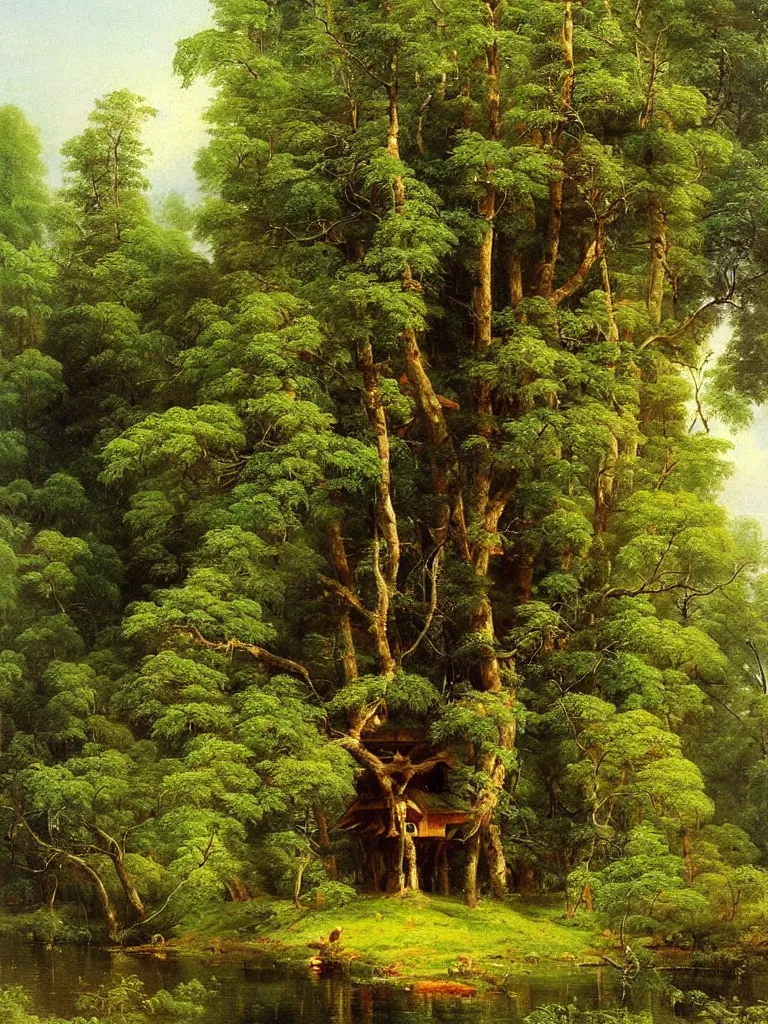 Prompt: Beautiful treehouse in a ((lush green forest)) by ivan shishkin and aivazovsky, oil on canvas, highly detailed, masterpiece