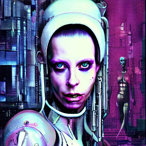 Image similar to cyberpunk portrait of Yolandi Visser against garden flower background, in the style of h.r giger, norman rockwell, highly detailed, soft lighting, 8k resolution, oil on canvas