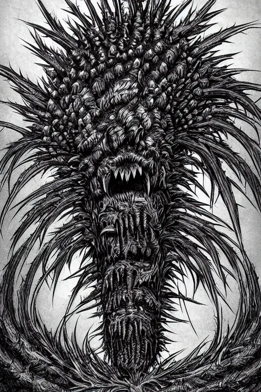 Image similar to thistle monster heavily armoured, symmetrical, highly detailed, digital art, needles, thorns, sharp focus, trending on art station, kentaro miura manga art style