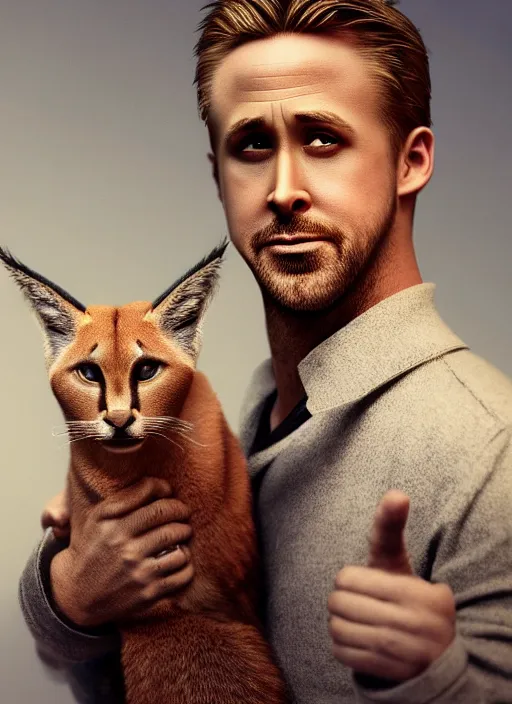 Image similar to Ryan Gosling holds a caracal cat in his hands, ultra highly detailed, elegant, artstation, octane render,