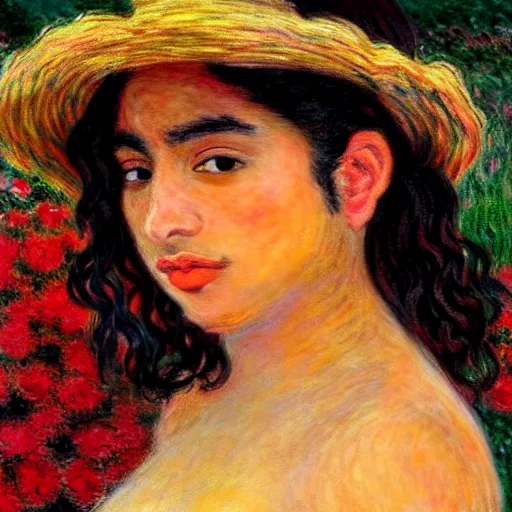 Prompt: beautiful tan latina woman, landscape, prominent rosy cheek bones, black hair and brown eyes, monet and da vinchi art style,