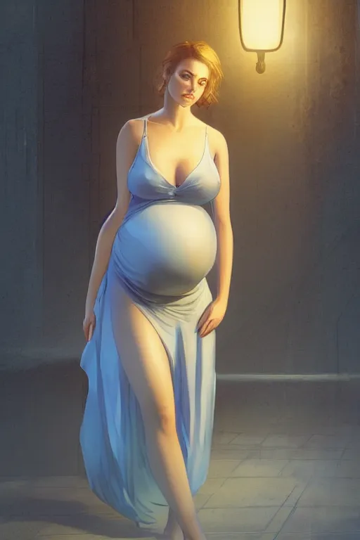 Prompt: pregnant woman in a short blue dress in night under street light, highly detailed, sharp focused, ultra realistic digital concept art by Edwin Longsden Long, Charlie Bowater