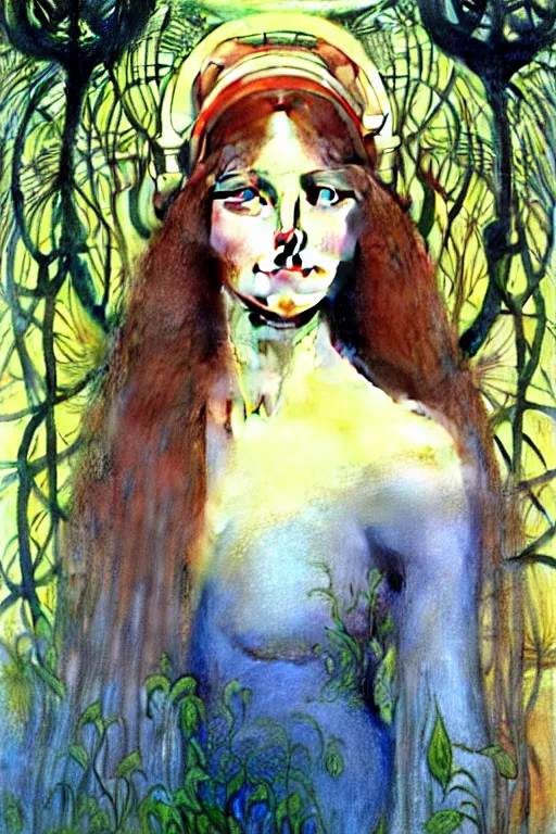 Image similar to realistic detailed face portrait painting of the beautiful beyounce with long hair with sci-fi headwear, futuristic sci-fi forest on background by Jean Delville, Amano, Yves Tanguy, Alphonse Mucha, Edward Robert Hughes, Roger Dean, rich moody colours, blue eyes