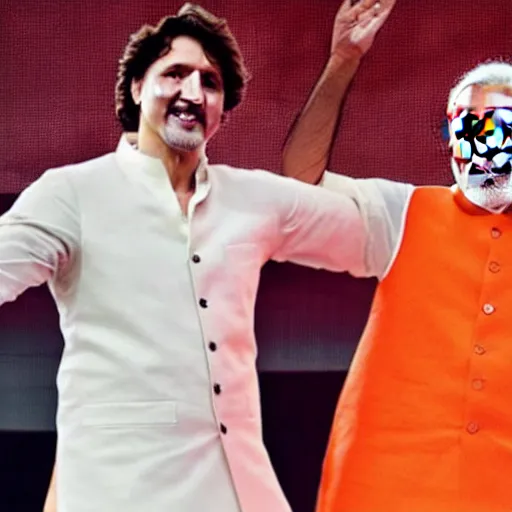 Image similar to Justin Trudeau dancing with Narendra Modi in bollywood costume
