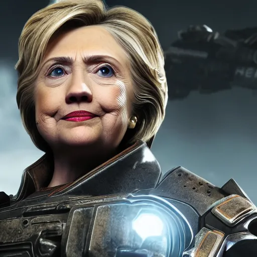 Image similar to hillary clinton in gears of war, splash art, movie still, detailed face, photorealistic facial features, cinematic lighting, dramatic, octane render, long lens, shallow depth of field, bokeh, anamorphic lens flare, 8 k, hyper detailed, 3 5 mm film grain