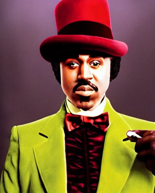 Prompt: film still close - up shot of kanye west as willy wonka from the 1 9 7 1 movie willy wonka & the chocolate factory. photographic, photography