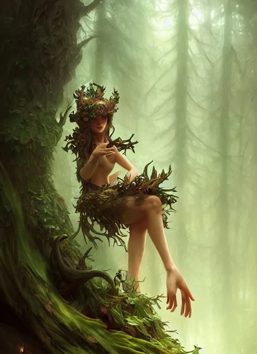 Image similar to a cute forest elemental, with fingers, fantasy, intricate, elegant, highly detailed, digital painting, artstation, concept art, wallpaper, smooth, sharp focus, illustration, art by artgerm and greg rutkowski and alphonse mucha