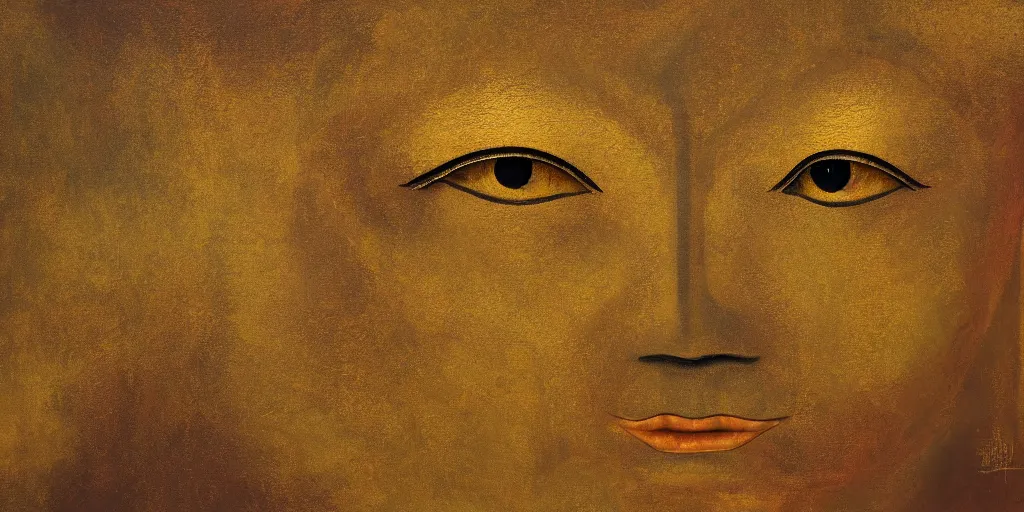 Image similar to a surreal painting of giant buddahs eyes floating in the desert in gold color palette