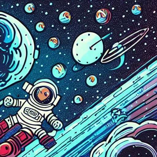 Image similar to colorful illumination animation, mcbess illustration, an astronaut drifting through space