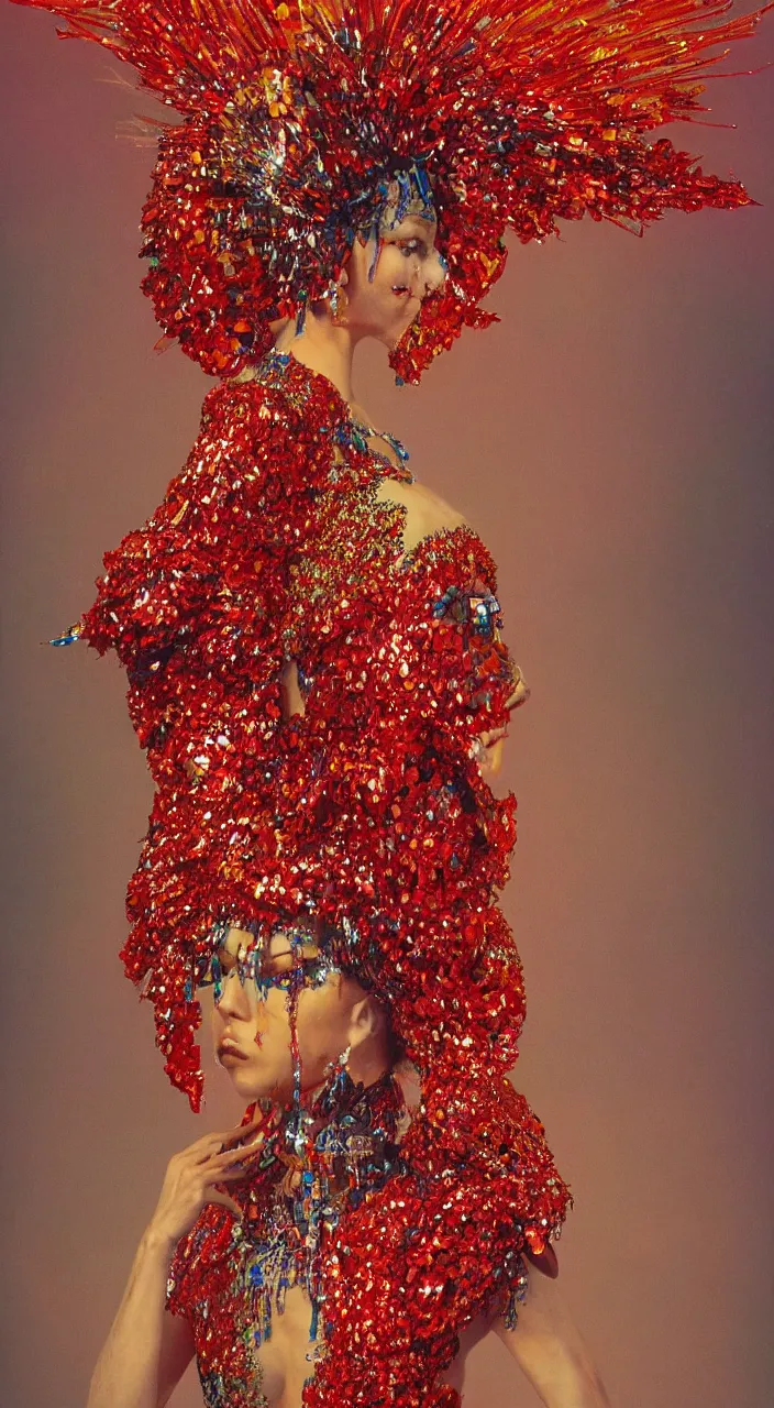 Image similar to a full - body female character design wearing a red sequined bodysuit, beads hanging over her face like an alexander mcqueen headdress, costume by eiko ishioka, haute couture by moebius, steven outram, colorful and psychedelic, hd, 8 k, artstation, high quality