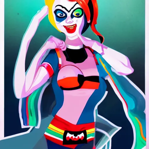 Image similar to kirsten schaal as harley quinn as delirium of the endless, the sandman, rainbow clothes, clean cel shaded vector art. shutterstock. behance hd by lois van baarle, artgerm, helen huang, by makoto shinkai and ilya kuvshinov, rossdraws, illustration