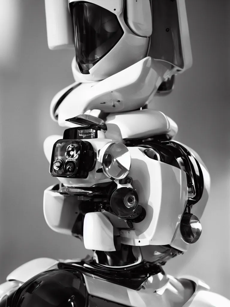 Image similar to “A perfectly centered beautiful 90mm black and white portrait photo of a retro-futuristic robot in Los Angeles, medium format photography, shallow depth of field”