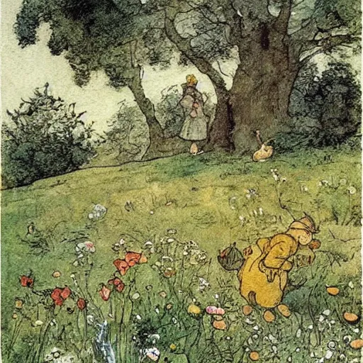 Prompt: Flowery field with extravagant nature flowers, trees, animals, bunnies, rats, sunny day beautiful artwork detailed painting by Anton Pieck by Beatrix Potter