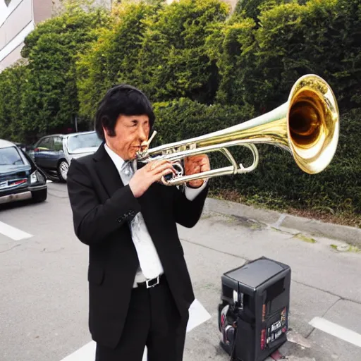 Prompt: middle aged japanese man in a suit and tie playing the trumpet in a ska band