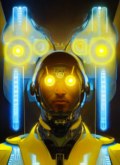 Image similar to symmetry!! portrait of a cyborg man, sci - fi, tech wear, blue and yellow glowing lights!! intricate, elegant, highly detailed, digital painting, artstation, concept art, smooth, sharp focus, illustration, art by artgerm and greg rutkowski and alphonse mucha