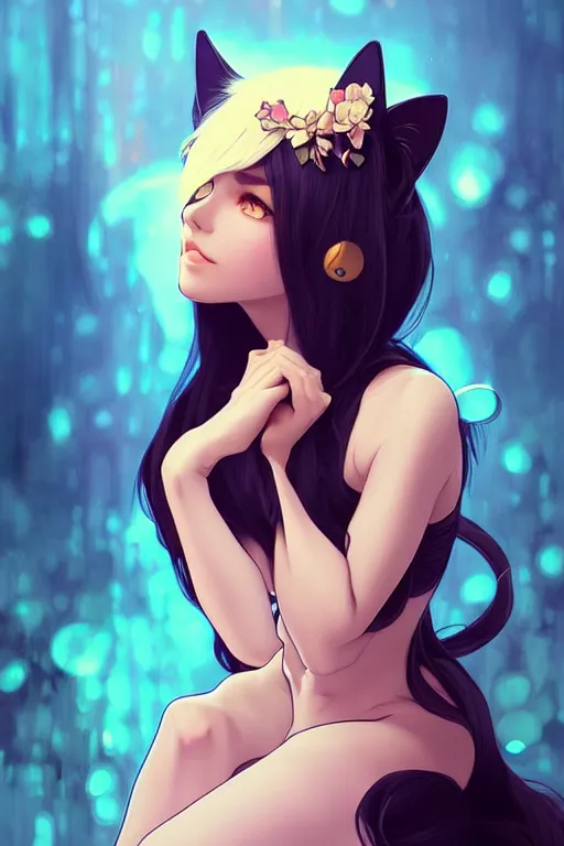 Prompt: a beautiful woman with cat ears, highly detailed, digital painting, artstation, concept art, smooth, sharp focus, illustration, art by artgerm and alphonse mucha, high definition digital art, in the style of ross tran and ilya kuvshinov