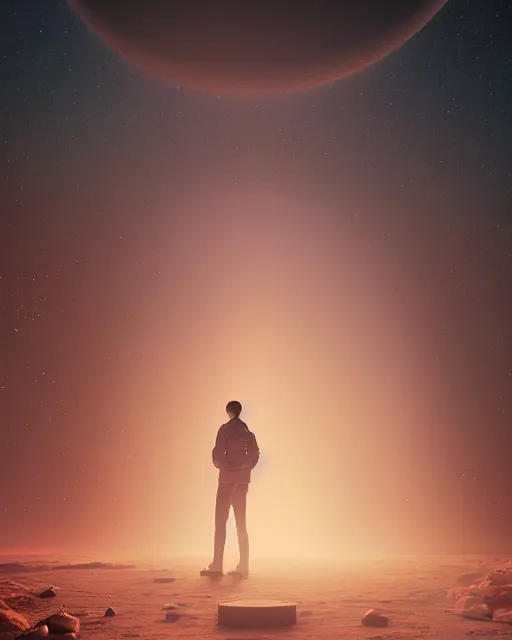 Image similar to a person standing in front of a glowy open door that's on a barren moon, poster art by mike winkelmann, trending on cg society, space art, sci - fi, ue 5, futuristic, volumetric lighting, light casting onto the ground, neat composition and camera angle