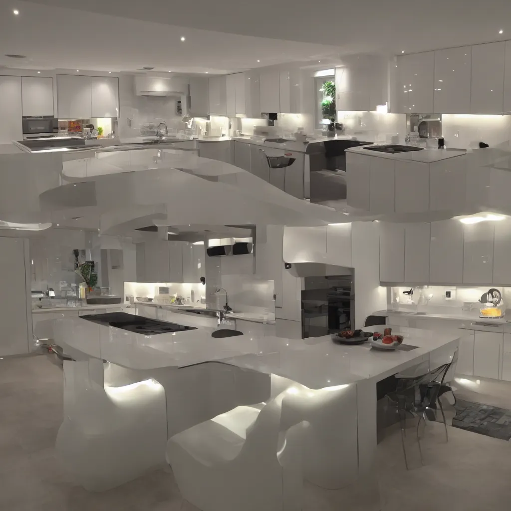 Image similar to modern kitchen with led strip lighting, homes and gardens, super detailed render, award winning,