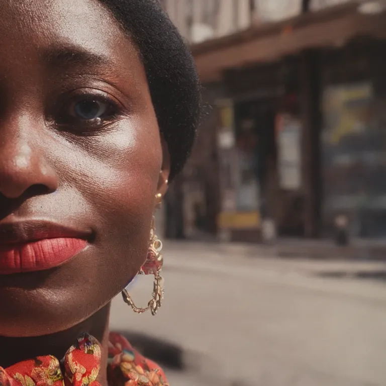 Prompt: medium format colour film close up portrait of woman in harlem by street photographer, 1 9 6 0 s hasselblad film photography, featured on unsplash, soft light photographed on vintage film