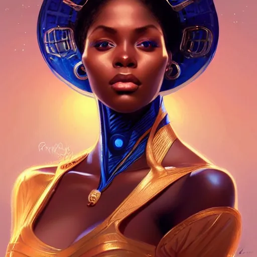 Image similar to Portrait of very very very very very very beautiful african woman, spacesuit, blue eyes, intricate, elegant, highly detailed, digital painting, artstation, concept art, smooth, sharp focus, illustration, art by artgerm and greg rutkowski and alphonse mucha