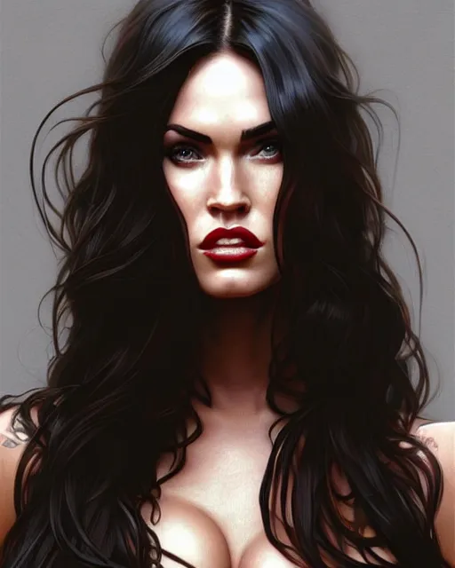 Image similar to portrait of megan fox in latex catsuit, intricate, headshot, highly detailed, digital painting, artstation, concept art, sharp focus, cinematic lighting, illustration, art by artgerm and greg rutkowski, alphonse mucha, cgsociety