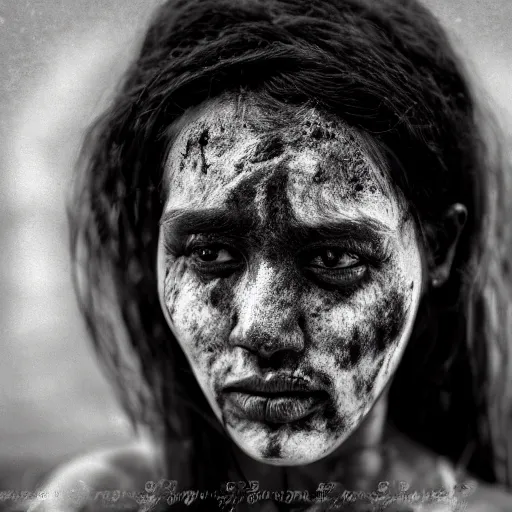 Image similar to realistic exposed expired fuji film portrait of aghori india woman covered in ash, tentacled creature mix, marigold celestial vibe, hyperrealism, hypermaxiymalism, photorealistic, detailed, atmospheric, 8 k, award winning photography, cinematic